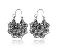 Cubahop Vintage Mandala fleur frange sequin boucles d'oreilles pendentif boucles d'oreilles tribal ethnique Hoop boucles d'oreilles femmes et filles bijoux cadeau (Argent B)
