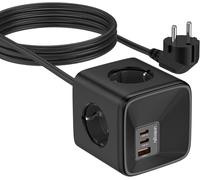 Cube 4-Way USB Power Strip with USB-A and 2-USB-C (GaN PD 33 W), 7-in-1 Power Strip (16A/4000W) Surge Arrester and Surge, Multi Socket Extension 1.5 M for Home, Office, Travel (Black)