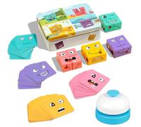 Cube de Construction Emojis, Jouet Puzzle Montessori, Puzzle Expression en Bois, Puzzle 3D Cubes Face Change Cube adapté aux Enfants de 3, 4, 5, 6 Ans et Plus (avec Cloche)