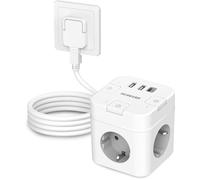 Cube de prise 6 en 1 avec USB C, 3 prises, prise plate avec interrupteur individuel, multiprise cube avec câble de 2 m (blanc)