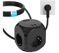 Cube de Prises avec USB, 8 en 1 Multiprise Cube avec 2 USB-A & 2 USB-C, 4 Prises Cube avec Interrupteur, Multiprise Distributeur de Prises avec 2M de Câble, Noir