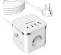 Cube multiprise 7 en 1 avec câble de 2 m, 2 USB-A et 2 USB-C, multiprise cube 3 prises avec interrupteur, prise plate avec anneau de traction pour la maison/le bureau/les voyages, blanc