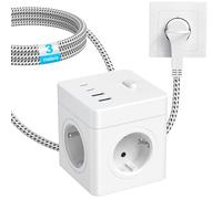 Cube multiprise 8 en 1 avec 2USB A + 2USB C, adaptateur 4 prises avec interrupteur et câble de 3 m, pour bureau/maison (blanc)