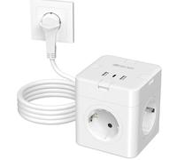 Cube multiprise avec 3 USB, 4 prises plates avec interrupteur individuel, USB C, cube d'alimentation 7 en 1, câble de 2 m, multiprise pour bureau, voyage, blanc