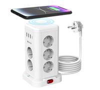 Cube multiprise avec chargeur sans fil 15 W et 11 compartiments (10 Schuko + USB) - Protection contre les surtensions, tour d'alimentation commutable, câble de 2 m pour cuisine/bureau, blanc
