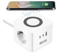 Cube Multiprise avec USB C + Charge sans Fil 10W, BEVA 6 en 1 Multiprise avec Interrupteur + 2 Prises + 2 USB C+1 USB A, 2500W/10A Cube Prise Multiple pour Maison Cuisine Bureau, Cable 1.5m, Blanc