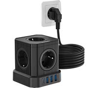 Cube Multiprise Prise 9-en-1 Rallonge Prise Cube, 4000 W Multiprise Prises avec 5 Prises, 3 USB-A et 1-USB-C, Multiprise Prises Protection Surtension, Powercube avec rallonge de 2 mètres, Noir