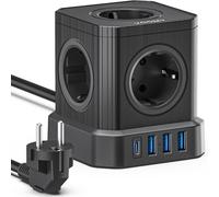 Cube Multiprise Prise 9-en-1 Rallonge Prise Cube, 4000 W Multiprise Prises avec 5 Prises, 3 USB-A et 1-USB-C, Multiprise Prises Protection Surtension, Powercube avec rallonge de 2 mètres, Noir