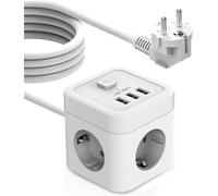 Cube Power Strip With Usb, 3-Outlet Power Strip With 3 Usb Ports Charger (3680w 16a) Surge Protector Surge Protector And Surge Protector With Switch Cable 5m White