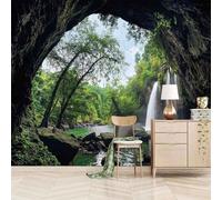 Cubic Cave Waterfall River Green Forest Papier Peint 3D Installation Facile Intissé Tapisserie Bureau Salon Canapé Chambre Décoration Murale-300cm×210cm