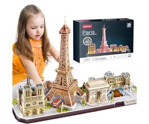 CubicFun Puzzle 3D de France Paris LED CityLine - Tour Eiffel, Notre Dame de Paris, Le Louvre, Arc de Triomphe Kits de Décoration et Cadeau Souvenir, 115 Pièces