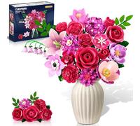 CUBIMANA Bouquet de Fleurs Costruzione avec LED - 21 Roses Collection Botanique pour Adultes, Cadeau de Saint-Valentin pour Votre Femme/Petite Amie/mère, Plantes Artificielles pour Décor (Rouge Rose)