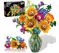 CUBIMANA Bouquet de fleurs sauvages avec lumières - Collection de 18 fleurs botaniques blocs de construction tournesol rose plantes décoration d'intérieur cadeau pour adultes femmes filles(912 pièces)