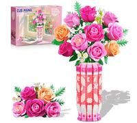 CUBIMANA Bouquet de Roses romantiques Roses avec Vase et éclairage LED, 845 pièces de Mini Blocs de Construction botaniques de 3,6 mm, Fleurs artificielles pour décoration de Bureau et de Maison
