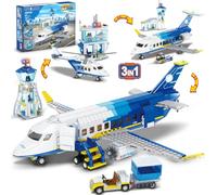 CUBIMANA City Kit de construction d'avion de passagers 3 en 1 avec terminal, tour radar, chariot à bagages, modèle de blocs de construction, jouet cadeau pour garçons et filles, enfants de 6, 7, 8, 9