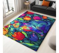 Cubisme Géométrique Chat Fleurs Tapis de Salon - 90 x 150 cm, Poil Court Fin Doux Léger Résistant, Couleur Tapis de Chambre Lavable en Machine pour Salle à Manger et Bureau Moquette