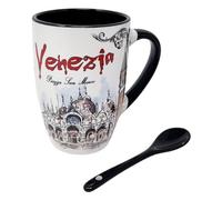 CUCUBA Tasse en céramique avec cuillère noire intégrée design artistique Venise avec illustrations monuments Ponte di Rialto San Marco Canal Grande 36cl lavable