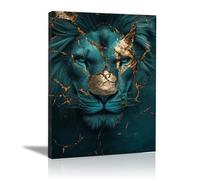 CUDAOO Impression sur Toile Lion Abstrait Lions bleus et dorés craquelés pour la maison, le salon, la chambre à coucher(bleu)-70x100cm Encadrée