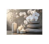 CUDAOO Toile Bouddhisme Zen Decoration Murale Lueur de bougie sur une orchidée en pierre pour salle de bain, salon, chambre à coucher(Gris)-40x60cm Sans cadre