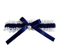 CUEMOON Jarretière de mariée bleue et blanche pour mariage, bande décorée de dentelle, nœud et d'une élégante pierre scintillante en filigrane, fabriquée à la main