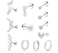 CUEMOON Lot de 12 piercings en acier chirurgical pour femme - Boucles d'oreilles dorées, argentées, piercing d'oreille, cartilage, hélix, tragus, wie auf dem Bild gezeig, Acier inoxydable, Pas de