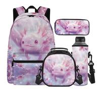 Cugasmaru Axolotl Lot de 3 sacs à dos pour enfants avec boîte à déjeuner - Sac à livres avec trousses à crayons - Pour garçons et garçons