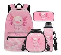 Cugasmaru Axolotl Sac à dos pour filles de 10 à 12 ans - Sac à dos avec boîte à déjeuner et bouteille d'eau - Rose - 43,2 cm - Cartable kawaii pour enfants de 4e année