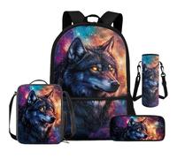 Cugasmaru Ensemble cartable et boîte à déjeuner 4 pièces pour filles et garçons, sac à dos, sac à déjeuner kawaii, grande trousse à crayons, housse pour bouteille d'eau, Wolf Out Space, Sac à dos