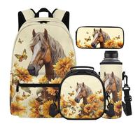 Cugasmaru Ensemble sac à dos 4 pièces motif cheval et tournesol pour filles, garçons avec boîte à déjeuner et manches pour bouteille d'eau, sac d'école léger pour étudiants, sacs à livres avec trousse