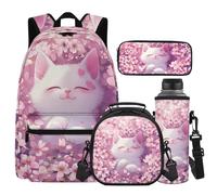 Cugasmaru Ensemble sac à dos et boîte à déjeuner pour filles avec boîte à déjeuner résistant à l'eau, Fleurs de cerisier pour chat, Sac à dos enfant