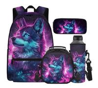 Cugasmaru Ensemble sac à dos loup pour écolières de 4e année avec boîte à déjeuner de grande capacité avec boîte à déjeuner et trousse à crayons pour élèves du primaire, du collège et du lycée