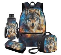 Cugasmaru Ensemble sac à dos pour filles, sac à livres et boîte à déjeuner, cadeaux de rentrée scolaire, Mochila Para NiñOs, Wolf Galaxy., Sac à dos enfant