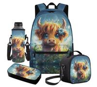 Cugasmaru Ensemble sac à dos pour filles, sac à livres et boîte à déjeuner, cadeaux de rentrée scolaire, Mochila Para NiñOs, Vache Highland Bleu, Sac à dos enfant