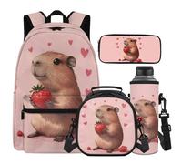 Cugasmaru Joli sac à dos Capybara pour enfants de 4 à 6 ans - Sac à dos avec boîte à déjeuner et bouteille d'eau - Rose - 43,2 cm - Sac à dos kawaii pour enfants de 1er et 2ème étudiant