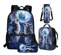 Cugasmaru Lot de 4 sacs à dos d'école et boîte à déjeuner pour filles, Wolf Moon, Sac à dos enfant