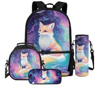 Cugasmaru Lot de 4 sacs à dos d'école pour filles - Grande capacité - Sac à déjeuner - Trousse à crayons - Sac à bouteille d'eau, Out Space Fox, Sac à dos enfant