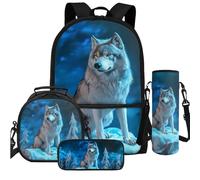 Cugasmaru Lot de 4 sacs à dos et sacs à déjeuner légers pour enfants, Loup Aurore, Sac à dos enfant