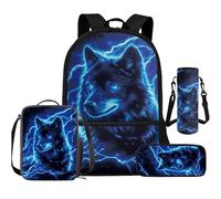 Cugasmaru Lot de 4 sacs d'école pour garçons - Sac à dos et boîte à déjeuner - Sacs pour la rentrée scolaire, Blue Wolf., Sac à dos enfant