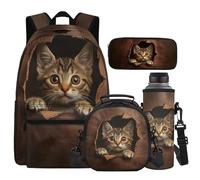 Cugasmaru Sac à dos avec boîte à déjeuner pour enfants et filles, sac à dos léger et boîte à déjeuner pour garçons 4 en 1, cadeaux pour la rentrée scolaire, chat, Sac à dos enfant