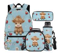 Cugasmaru Sac à dos avec boîte à déjeuner pour enfants et filles, sac à dos léger et boîte à déjeuner pour garçons 4 en 1, cadeaux pour la rentrée scolaire, Vache Highland, Sac à dos enfant