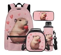 Cugasmaru Sac à dos avec boîte à déjeuner pour enfants et filles, sac à dos léger et boîte à déjeuner pour garçons 4 en 1, cadeaux pour la rentrée scolaire, Capybara Fraise, Sac à dos enfant