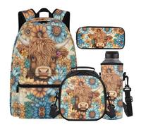 Cugasmaru Sac à dos avec boîte à déjeuner pour enfants et filles, sac à dos léger et boîte à déjeuner pour garçons 4 en 1, cadeaux pour la rentrée scolaire, Fleur de vache Highland, Sac à dos enfant
