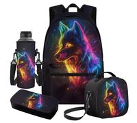 Cugasmaru Sac à dos d'école intermédiaire pour garçons avec boîte à déjeuner cadeaux de rentrée scolaire, loup, Sac à dos enfant