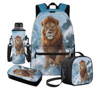 Cugasmaru Sac à dos d'école intermédiaire pour garçons avec boîte à déjeuner cadeaux de rentrée scolaire, lion, Sac à dos enfant