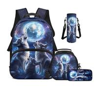 Cugasmaru Sac à dos d'école pour filles de 43,2 cm - Joli sac à déjeuner, trousse à crayons, manchon pour bouteille Warter, Wolf Moon, Sac à dos enfant
