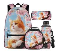 Cugasmaru Sac à dos motif chat pour filles de 8 à 10 ans - Sac à dos avec boîte à déjeuner et bouteille d'eau - Violet - 43,2 cm - Cartable kawaii pour enfants de 4e année