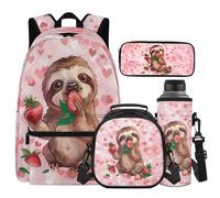 Cugasmaru Sac à dos motif paresseux fraise pour filles de 10 à 12 ans - Sac à dos avec boîte à déjeuner et bouteille d'eau - Rose - 43,2 cm - Cartable kawaii pour enfants de 4e année
