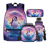 Cugasmaru Sac à dos pour filles de 10 à 12 ans et boîte à déjeuner - Motif pingouin mignon - Sac à livres léger pour fille - Jardin d'enfants - Kawaii - Ensemble 4 en 1 - Sac à dos de voyage