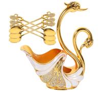 Cuillère à Dessert Cygne en Métal, Kit de Service Or | Porte-cuillère Inclus, Surface Lisse, Réutilisable et Pratique, pour Repas Familiaux et Fêtes