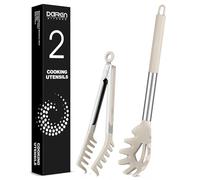 Cuillère à spaghetti en silicone et pince à pâtes, fourchette avec dents | Pince à spaghetti antiadhésive résistante à la chaleur avec poignée en acier inoxydable pour spaghetti et nouilles Kaki